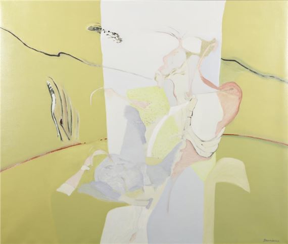 An abstract composition featuring a central figure in soft pastel tones against a pale yellow background.