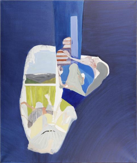 A fragmented portrait composed of layered, abstracted figures against a deep blue background.