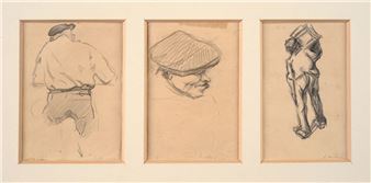 three studies of a man with a hat and a hat on his head