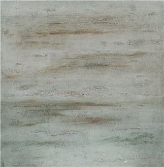 An abstract composition featuring layered horizontal bands of muted earth tones on a textured surface.