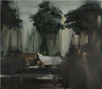 A moody, abstract landscape featuring a dark forest and a small boat on water.