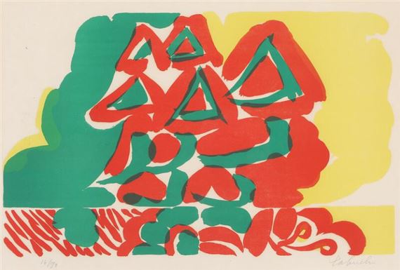 A red, green and yellow abstract painting on a white background.