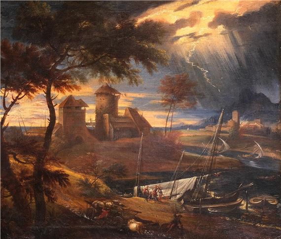 A dramatic landscape painting depicting a fortified town under a stormy sky with boats in the foreground.