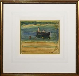 A watercolor seascape in a gold frame showing figures near a small boat on the water.