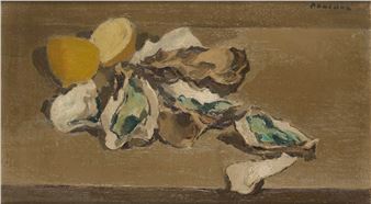 A still life painting featuring a cluster of oysters and lemons on a neutral background.