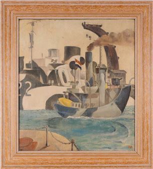 A stylized harbor scene featuring a steamship in the foreground with industrial structures and smokestacks in the background.