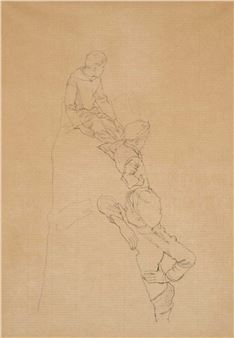 A vertical charcoal sketch of three figures in a dynamic, stacked arrangement.