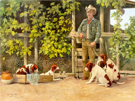 A rustic outdoor scene featuring a man and four dogs in a natural, pastoral setting.