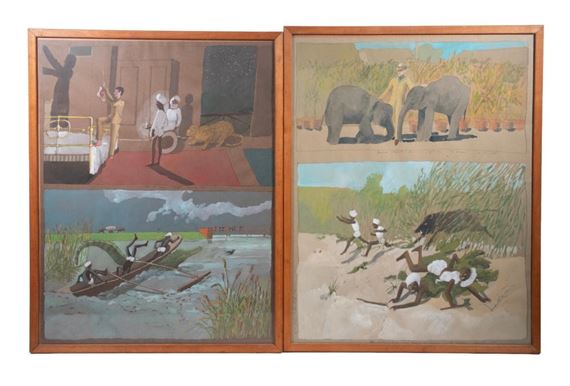 A diptych of four scenes depicting a narrative of travel, rest, and adventure.