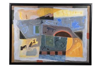 An abstract composition featuring layered geometric shapes and symbolic marks on a textured surface.
