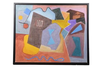 A colorful abstract painting featuring geometric shapes and a wavy blue line.