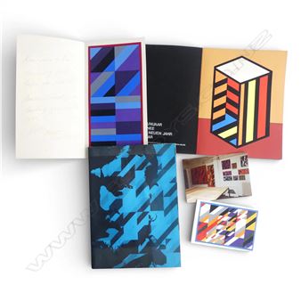 A collection of geometric art prints and a sketchbook featuring bold colors and abstract patterns.
