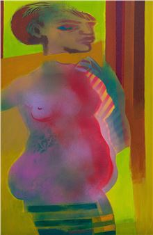 A vibrant, abstract portrait of a figure with bold colors and layered textures.
