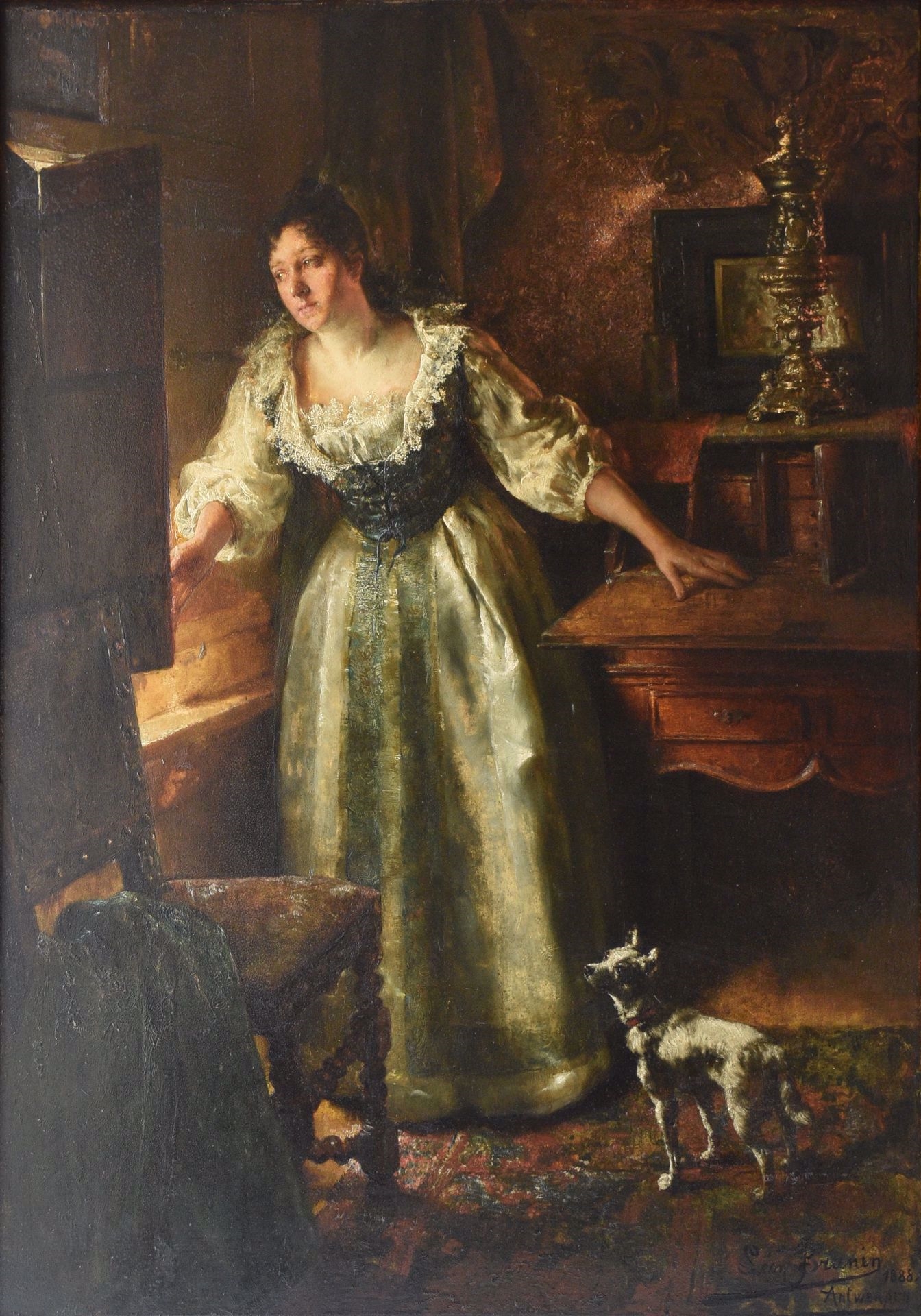 Léon Brunin | Lady with dog in interior (1888) | MutualArt
