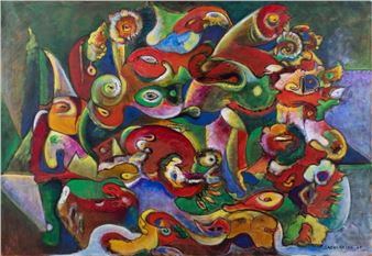 A vibrant, chaotic composition of swirling organic forms in bold colors.