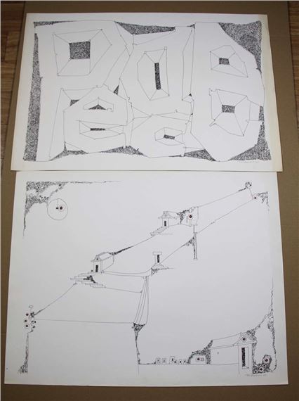 A diptych of black-and-white line drawings featuring abstract geometric forms and a linear village scene.
