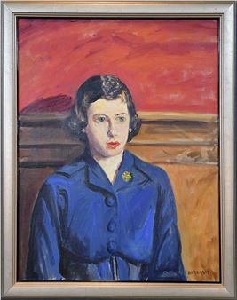 A portrait of a woman in a blue coat against a warm, abstract background.