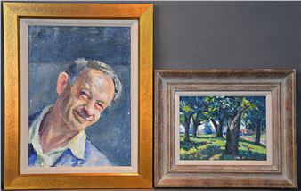 A side-by-side display of two framed paintings: a portrait and a landscape.
