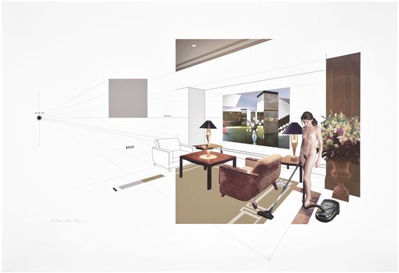 A conceptual interior design sketch featuring a living room scene with a nude figure and architectural elements.