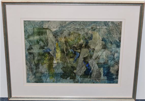 A framed abstract artwork featuring layered textures, muted earth tones, and a central blue figure.