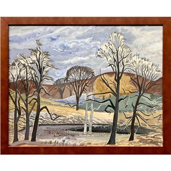 A winter landscape painting featuring bare trees and snow-covered hills under a cloudy sky.