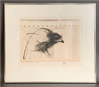 A framed etching of a bird in flight against a textured background.