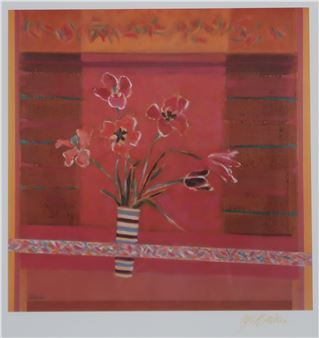 A still life of pink tulips in a striped vase against a warm, textured background.