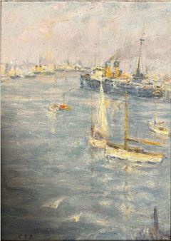 A maritime scene featuring a large steamship and smaller sailboats on a calm, reflective waterway.