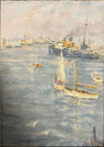 A maritime scene featuring a large steamship and smaller sailboats on a calm, reflective waterway.
