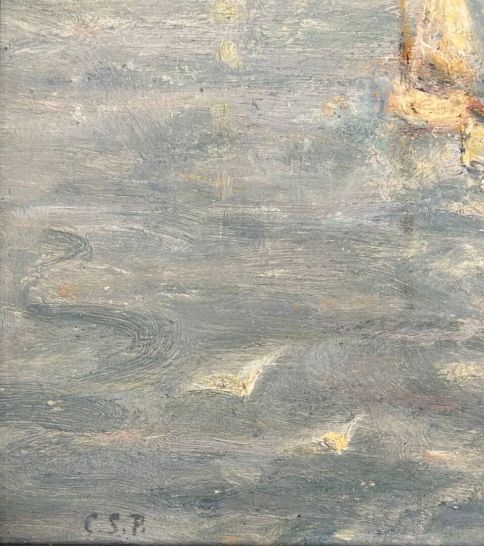 A maritime scene featuring a large steamship and smaller sailboats on a calm, reflective waterway.