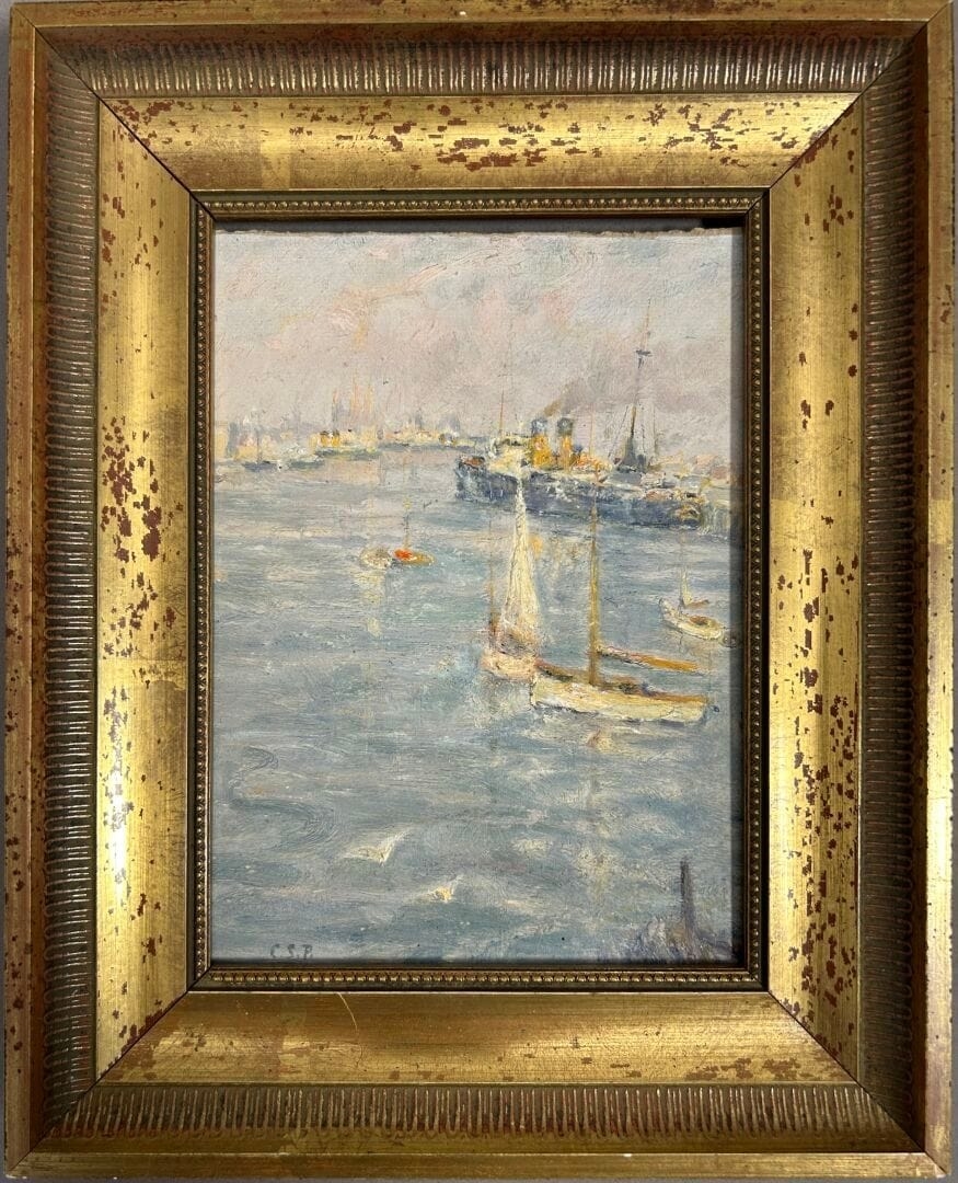 A maritime scene featuring a large steamship and smaller sailboats on a calm, reflective waterway.