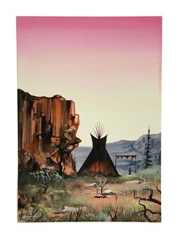 A desert landscape featuring a teepee and rock formation under a pink sky.