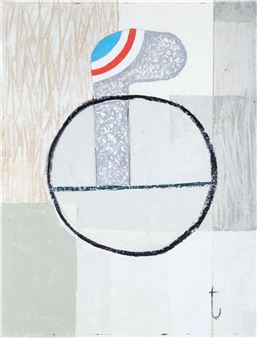 A geometric composition featuring a stylized figure within a circle against a textured background.