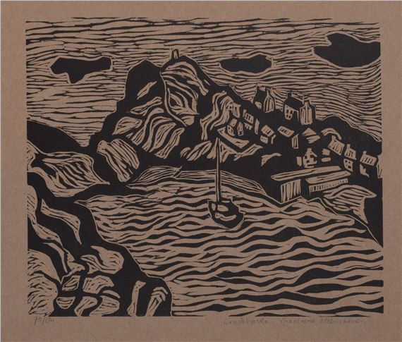 A bold linocut print of a rugged coastal village nestled against rocky cliffs.
