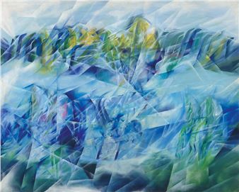 A painting of a blue and green landscape with trees in the background.
