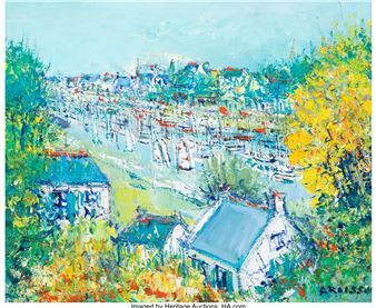 A painting of boats docked in a harbor on a sunny day.