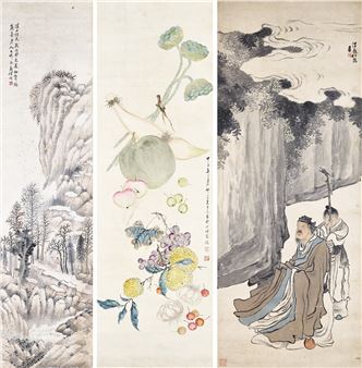 A triptych of traditional East Asian ink paintings featuring landscapes, fruits, and figures.