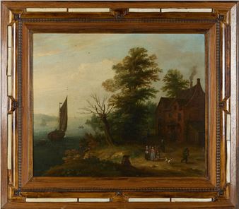 A painting of a landscape with a boat in the water.