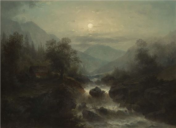 A Mountain in Torrent by Moonlight - German School, 19th Century