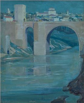 A serene painting of a stone bridge arching over a calm river, with a distant town under a twilight sky.