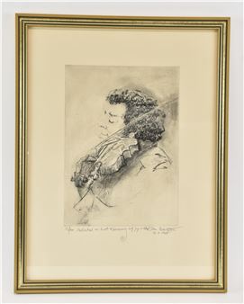 A framed charcoal sketch of a figure playing the violin.