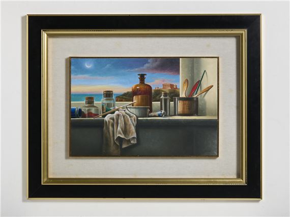 A painting hanging on a wall in a room.
