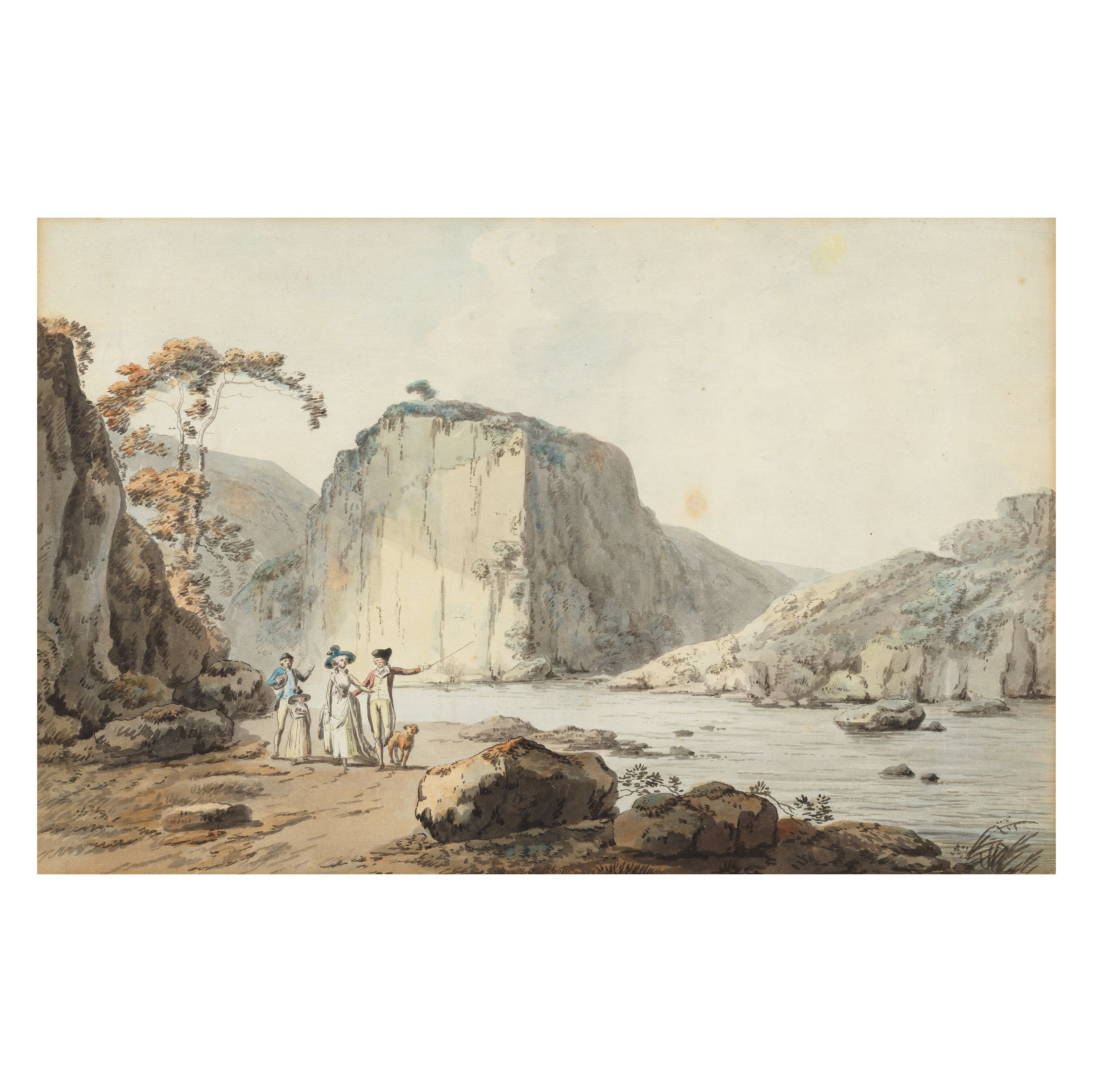 John Rathbone | Elegant figures with a dog by a river gorge, probably ...