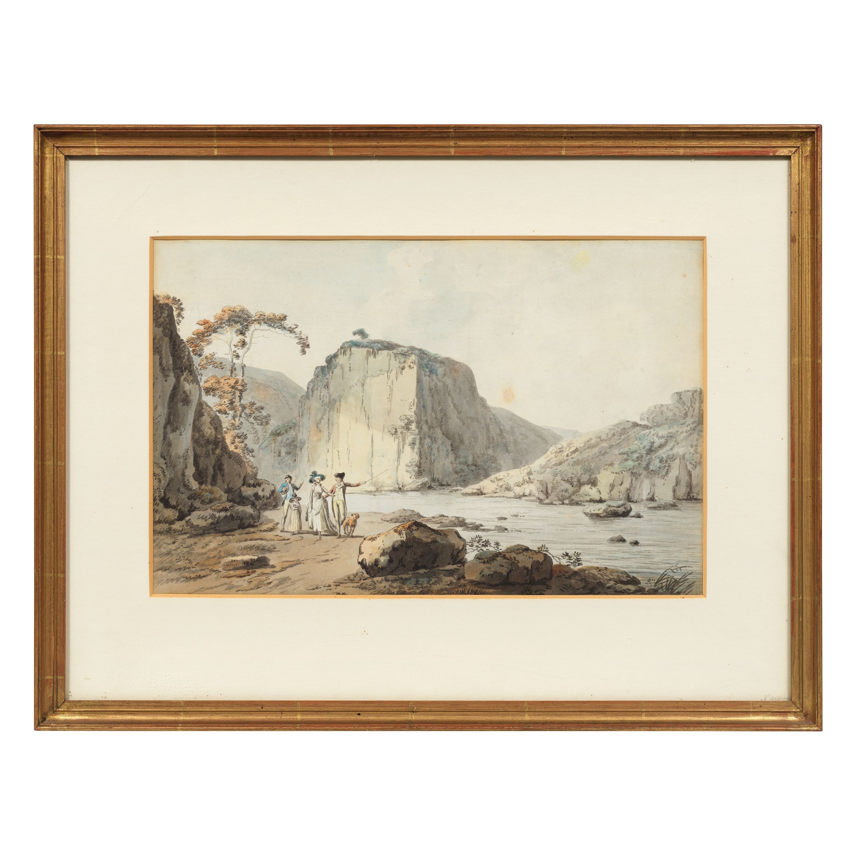 John Rathbone | Elegant figures with a dog by a river gorge, probably ...