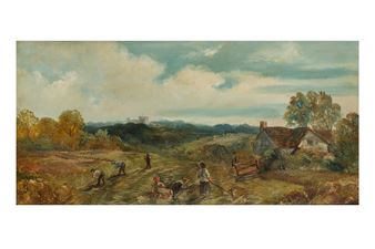 A pastoral landscape painting depicting rural laborers in a field under an expansive sky.