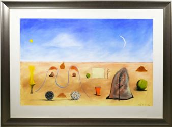 A surreal landscape painting featuring a desert-like foreground with abstract objects under a blue sky with celestial bodies.