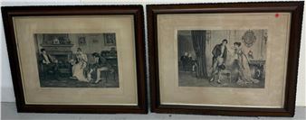 A pair of framed black-and-white etchings depicting formal social gatherings.