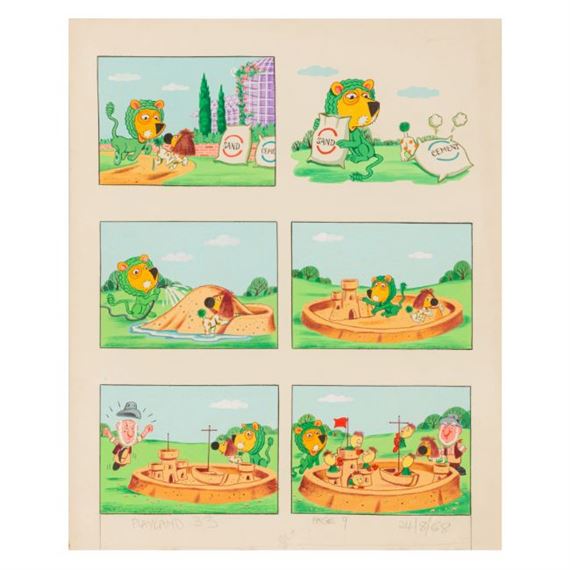 A storyboard of a cartoon of a lion playing in a sand pit.