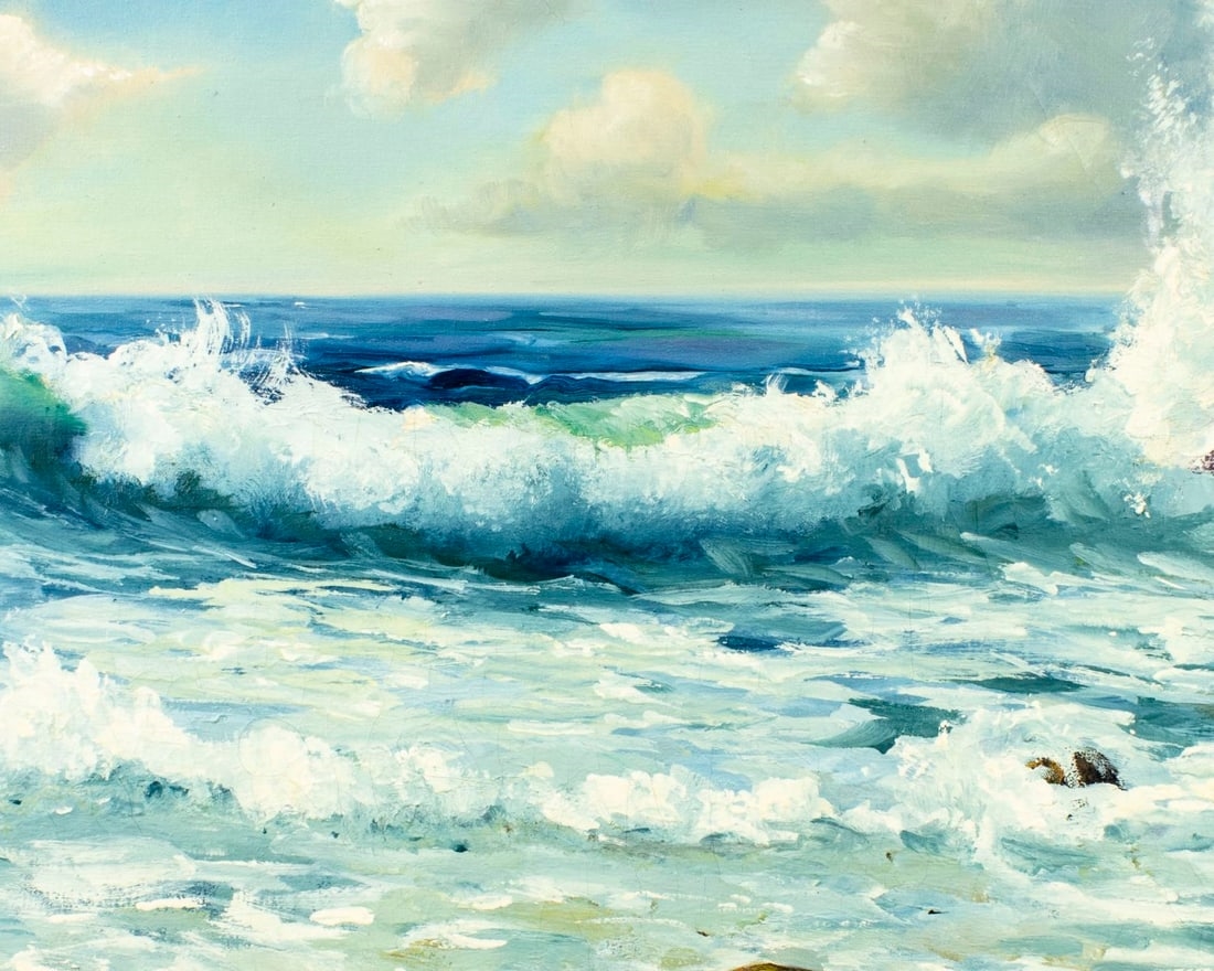 A seascape painting of crashing waves against a rocky shore under a cloudy sky.