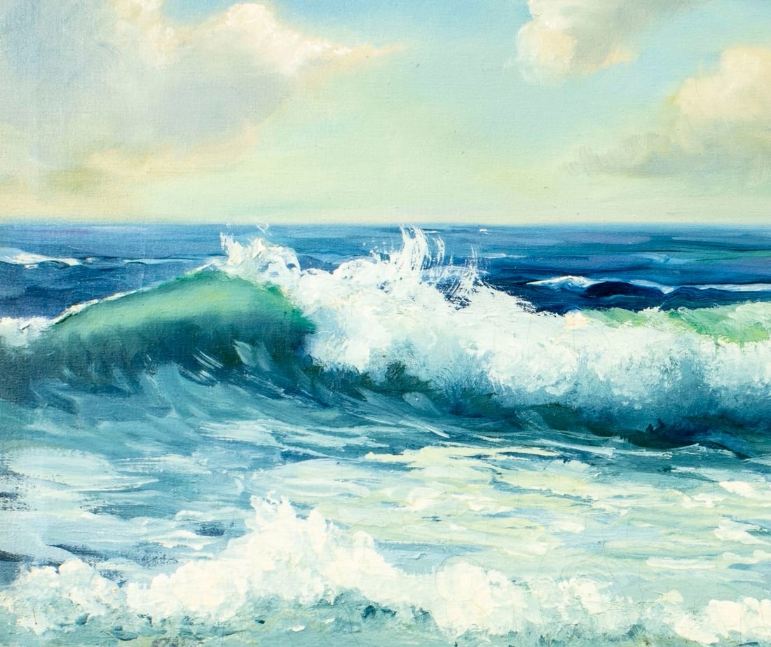 A seascape painting of crashing waves against a rocky shore under a cloudy sky.